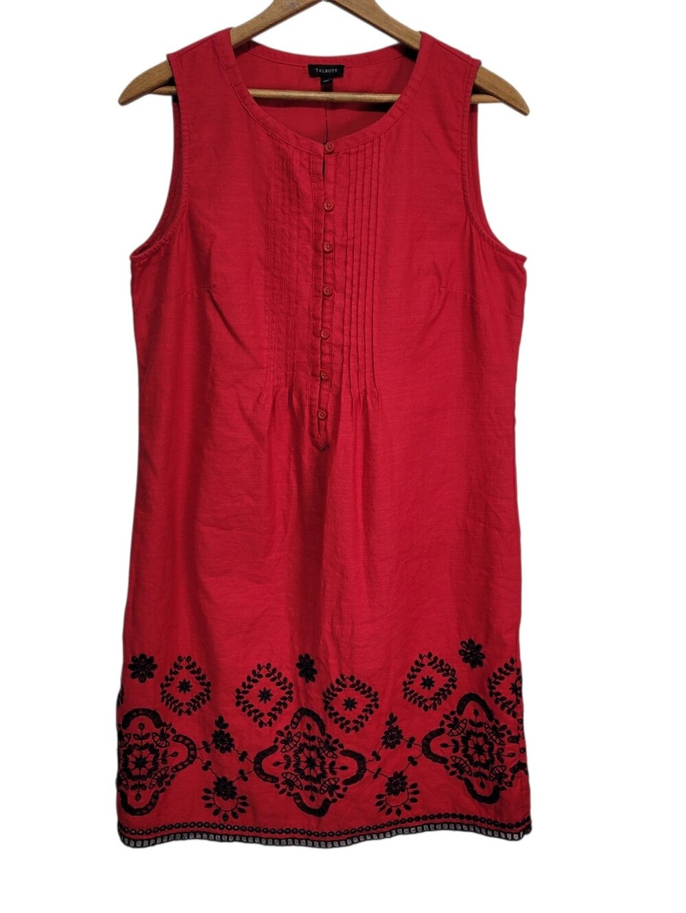 Talbots Women's 6 Red Embroidered Hem Lined Midi Dress Linen Sleeveless Classic